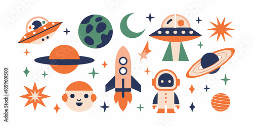 Colorful space themed illustrations featuring planets rockets astronauts and ufos