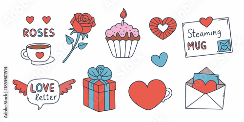 A charming collection of valentine s day themed illustrations including roses and sweets