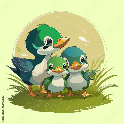 Mother bird and two baby birds for nature wildlife and avian forest theme art illustration