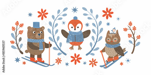 Winter animals skiing a charming illustration of a bear owl and bunny
