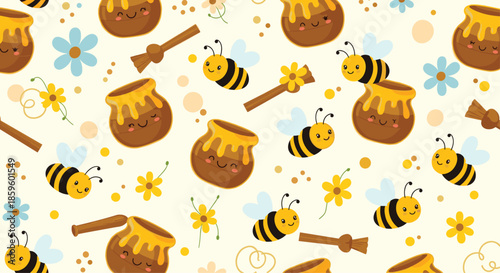 Cute seamless pattern with happy bees honey pots with faces honey dippers and small blue and yellow flowers on a light cream background.