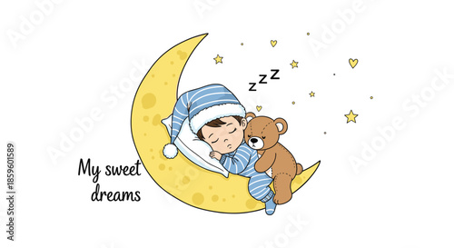 Adorable little boy in blue striped pajamas sleeping on a crescent moon with his teddy bear under a starry night sky and sweet dreams.