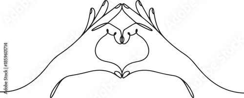 Single one line drawing hands making sign or symbol heart by fingers. Beautiful hands with copy space. Love concept with hand gestures. one line Icon drawing