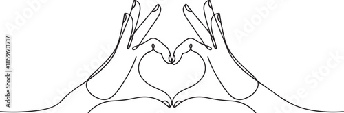 Single one line drawing hands making sign or symbol heart by fingers. Beautiful hands with copy space. Love concept with hand gestures. one line Icon drawing