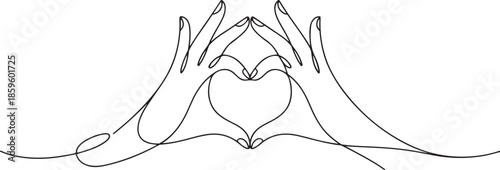 Single one line drawing hands making sign or symbol heart by fingers. Beautiful hands with copy space. Love concept with hand gestures. one line Icon drawing