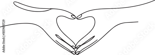 Single one line drawing hands making sign or symbol heart by fingers. Beautiful hands with copy space. Love concept with hand gestures. one line Icon drawing