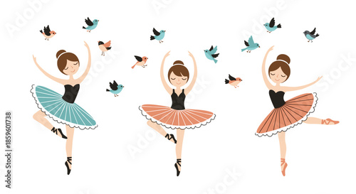 Group of three ballerinas in colorful tutus perform elegant dance moves while small birds fly around them in a graceful and artistic performance.