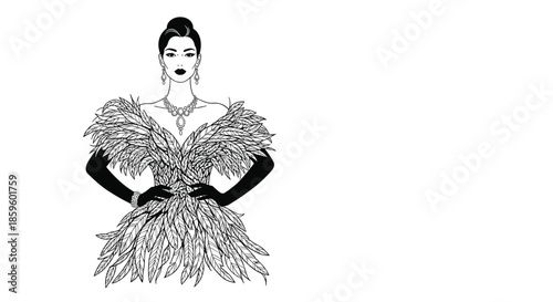 Fashionable woman poses in a stunning gown made entirely of feathers with long black gloves and jewelry in a high fashion editorial illustration.