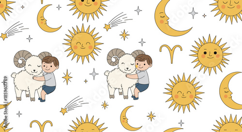 Seamless pattern features a cute boy hugging a ram under a starry sky with sun and moon icons to represent the Aries zodiac sign in childhood.