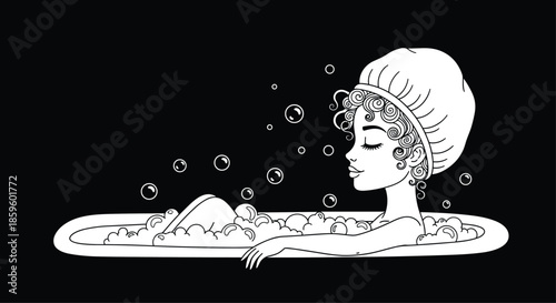 Beautiful woman relaxes in a luxury bubble bath wearing a shower cap in a stylized black and white illustration with floating soap bubbles.