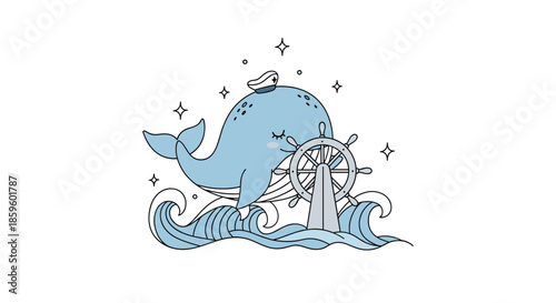 Little blue whale wearing a white captains hat steers a large ship wheel over ocean waves under a starry sky in a cute nautical adventure art.