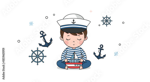 Cute little sailor boy in a striped shirt and captains hat sits playing with a toy boat surrounded by anchors ship wheels and snowflakes.