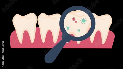 Dental illustration of a row of teeth on pink gums, with a magnifying glass revealing specks nearby