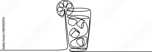 One continuous line drawing of fresh delicious lemonade ice with sliced lemon for restaurant menu. Drink cafe shop logotype template concept. one line Icon drawing