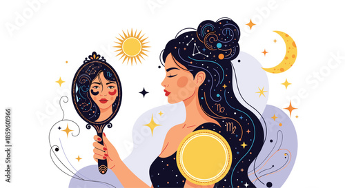 Zodiac goddess looks into a hand mirror reflecting her face with cosmic symbols and constellations in her hair under a bright sun and moon.