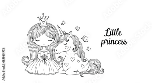 Line art of a little princess wearing a crown and holding flowers while sitting next to her magical unicorn friend in a cute fantasy world.