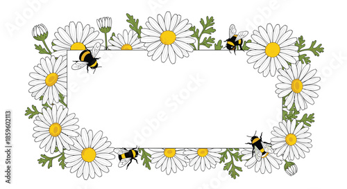 Rectangular white frame is surrounded by fresh white daisies and busy bumblebees in a bright and cheerful summer nature themed background.