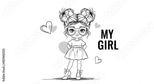 Cute little girl with big glasses and bows in her hair wears high heels to pose like a fashionista in a fun my girl themed illustration art.