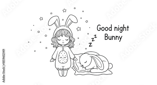 Line art of a little girl in a bunny pajamas standing next to a sleeping rabbit under stars for a cozy good night bunny themed illustration.