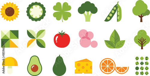Flat nature and food icons collection with fruits vegetables plants trees isolated on white background vector illustration
