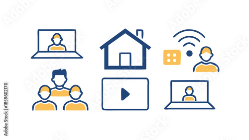 Vector icons for remote work, video conference, home office setup, laptop, and wifi, minimal solid style.