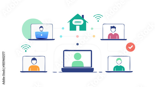 Vector icons for remote work, video conference, home office setup, laptop, and wifi, minimal solid style.