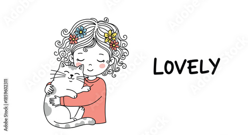 Lovely little girl with curly hair and flowers in her locks tenderly hugging her fluffy white cat against a simple white background for cards.