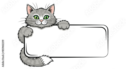 Fluffy grey striped cat with bright green eyes holding a long horizontal blank banner for text or messages in a cute cartoon style illustration.