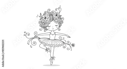 Delicate black and white line art of a little girl ballerina with elaborate curly hair and flowers dancing in a tutu with floral swirls.