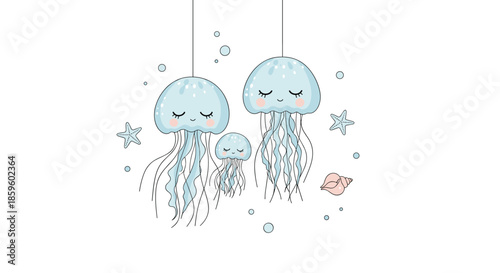 Three adorable hanging jellyfishes with closed eyes and blushing cheeks floating among stars shells and bubbles in a cute underwater scene.