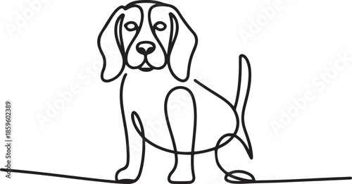 Single one line drawing of cute beagle dog for company logo identity. Purebred dog mascot concept for pedigree friendly pet icon. one line Icon drawing