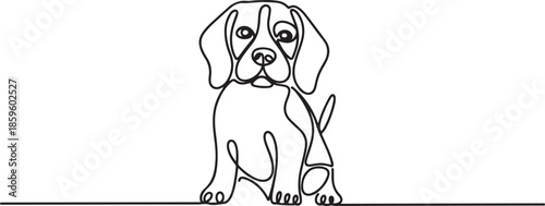 Single one line drawing of cute beagle dog for company logo identity. Purebred dog mascot concept for pedigree friendly pet icon. one line Icon drawing