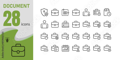 Document and briefcase line icon set: 28 vector icons for business and finance