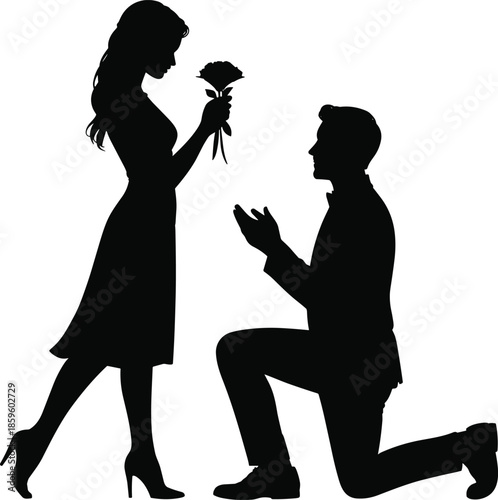 Romantic silhouette of a man proposing marriage to a woman with flowers