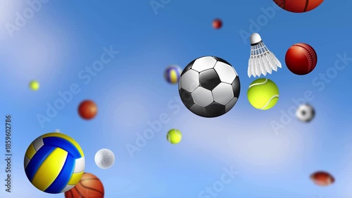 Aerial view of assorted sports balls drifting through a clear blue sky, scattered light wisps above