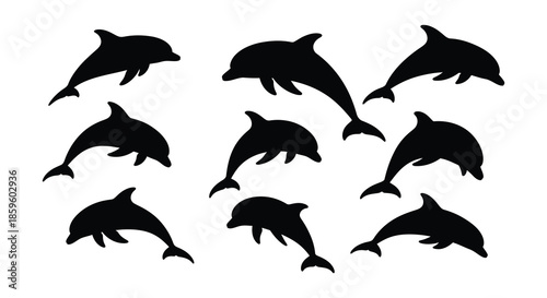 A collection of black silhouette dolphin shapes jumping and swimming playfully