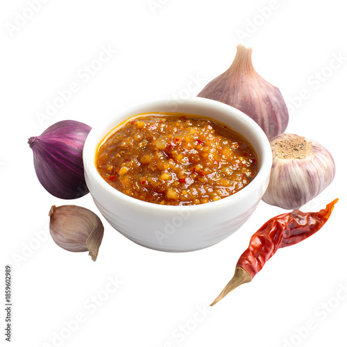 Menudo Northern Mexico tripe soup with red chili broth isolated on transparent background