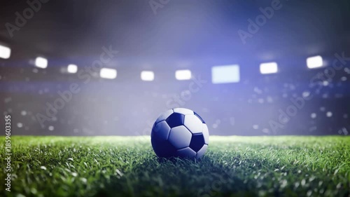 A lone soccer ball rests on vivid turf beneath stadium lights at night, awaiting kickoff tonight