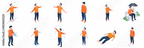 Isometric Man in Different Poses Enjoying and Avoiding Rain Illustration