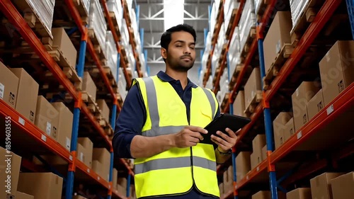 Young Indian Warehouse Worker Wearing High Visibility Vest Checking Inventory on Digital Tablet in Logistics Center with High Shelves