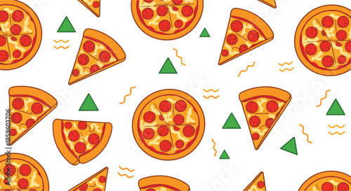 Pepperoni pizza seamless pattern with slices and whole pies repeated on white background for food and restaurant designs vector illustration
