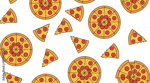 Pepperoni pizza seamless pattern with whole pies and slices scattered for food, restaurant, and fast food background vector illustration