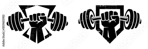 Set of black silhouette gym logos featuring a powerful fist holding a barbell on shield for fitness branding and weightlifting motivation
