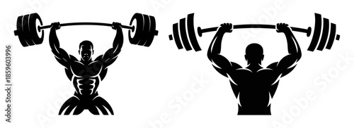 Black silhouette of a muscular weightlifter lifting a heavy barbell in front and back view for gym branding and fitness motivation concepts