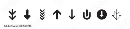 Collection of ten diverse downward pointing arrows and navigation symbols for digital interfaces