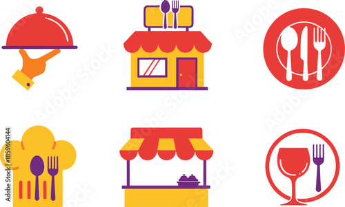 Restaurant and food service icons collection with serving tray, cafe storefront, chef hat, and dining symbols isolated on white background flat vector illustration