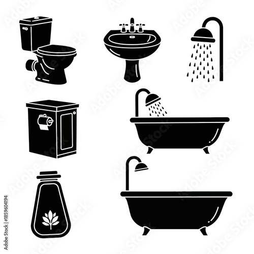 Bathroom Fittings and Fixtures Illustration Set.