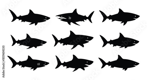 A collection of black silhouette shark images in various swimming poses