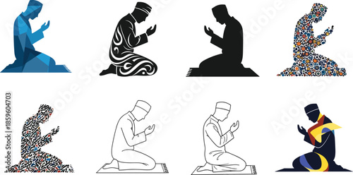 Islamic prayer pose illustration set, diverse kneeling figures, abstract worship icons, cultural art design, cad drawing flat vector illustration
