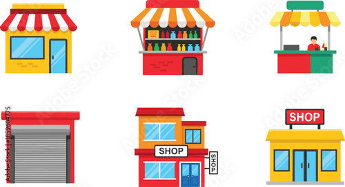 Small shop and market storefront buildings collection with kiosks and retail stores isolated on white background vector set